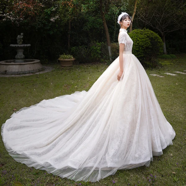 Vintage / Retro Champagne Outdoor / Garden Wedding Dresses 2019 A-Line / Princess High Neck Short Sleeve Backless Beading Pearl Chapel Train Ruffle