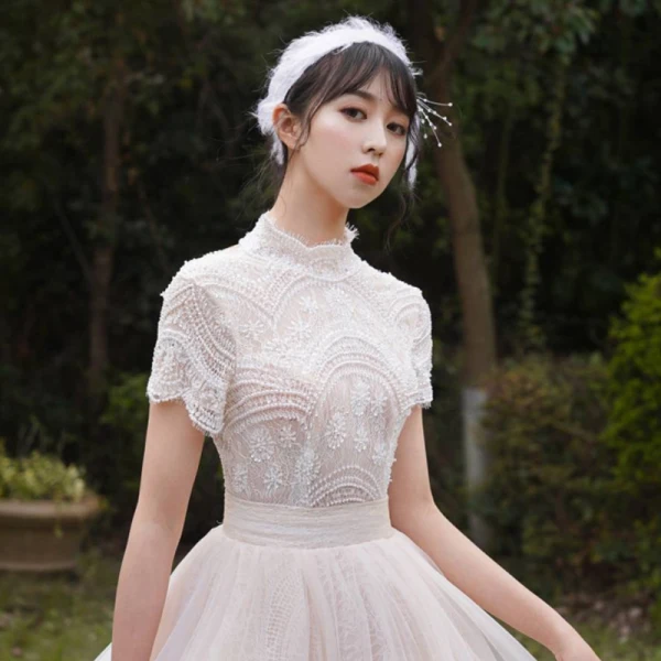 Vintage / Retro Champagne Outdoor / Garden Wedding Dresses 2019 A-Line / Princess High Neck Short Sleeve Backless Beading Pearl Chapel Train Ruffle