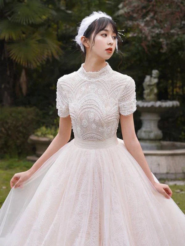 Vintage / Retro Champagne Outdoor / Garden Wedding Dresses 2019 A-Line / Princess High Neck Short Sleeve Backless Beading Pearl Chapel Train Ruffle
