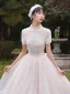 Vintage / Retro Champagne Outdoor / Garden Wedding Dresses 2019 A-Line / Princess High Neck Short Sleeve Backless Beading Pearl Chapel Train Ruffle