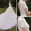 Vintage / Retro Champagne Outdoor / Garden Wedding Dresses 2019 A-Line / Princess High Neck Short Sleeve Backless Beading Pearl Chapel Train Ruffle