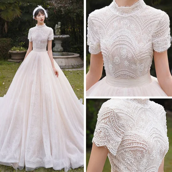 Vintage / Retro Champagne Outdoor / Garden Wedding Dresses 2019 A-Line / Princess High Neck Short Sleeve Backless Beading Pearl Chapel Train Ruffle