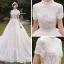 Vintage / Retro Champagne Outdoor / Garden Wedding Dresses 2019 A-Line / Princess High Neck Short Sleeve Backless Beading Pearl Chapel Train Ruffle