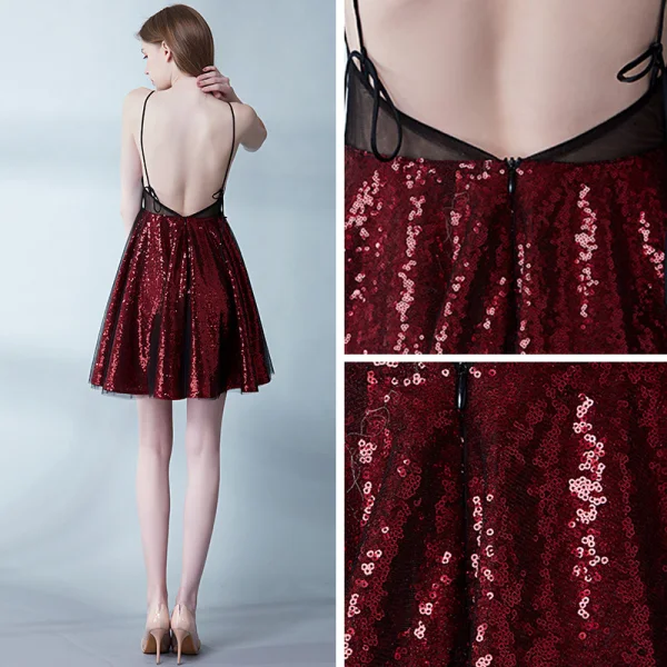 Sexy Bordeaux Robe De Cocktail 2019 Princesse Bretelles Spaghetti Sans Manches Appliques En Dentelle Faux Diamant Glitter Paillettes Courte Volants Dos Nu Robe De Ceremonie