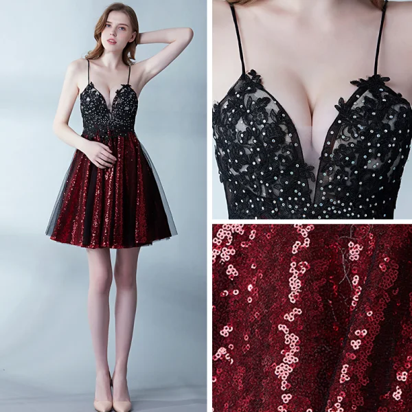 Sexy Bordeaux Robe De Cocktail 2019 Princesse Bretelles Spaghetti Sans Manches Appliques En Dentelle Faux Diamant Glitter Paillettes Courte Volants Dos Nu Robe De Ceremonie