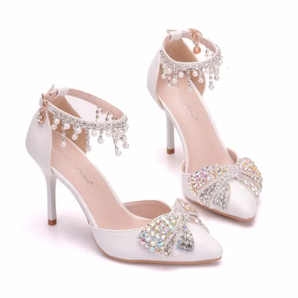 Sexy Weiß Strass Schleife Knöchelriemen Brautschuhe 2025 9 cm Stilettos Spitzschuh Hochzeit Hochhackige