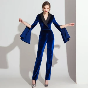 Elegant Kongeblå Vinter Suede Jumpsuit 2019 V Hals Langermede Ankel Lengde Selskapskjoler
