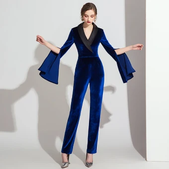 Elegante Koninklijk Blauw Winter Suede Jumpsuit 2019 V Hals Lange Mouwen Enkellange Avondjurken