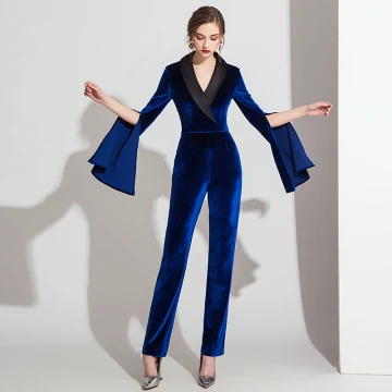 Élégant Bleu Roi Hiver Daim Combinaison 2019 V Cou Manches Longues Longueur Cheville Robe De Soirée