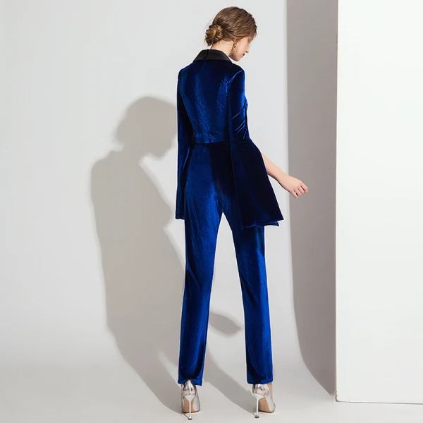 Elegant Royal Blue Winter Suede Jumpsuit 2019 V-Neck Long Sleeve Ankle Length Evening Dresses