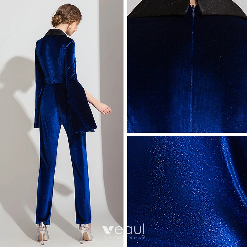 Elegant Royal Blue Winter Suede Jumpsuit 2019 V Neck Long Sleeve Ankle Length Evening Dresses