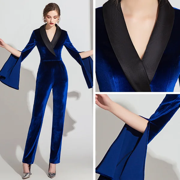 Elegant Royal Blue Winter Suede Jumpsuit 2019 V-Neck Long Sleeve Ankle Length Evening Dresses