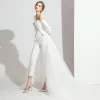 Modern / Fashion White Jumpsuit 2019 One-Shoulder 3/4 Sleeve Sweep Train Backless Evening Dresses
