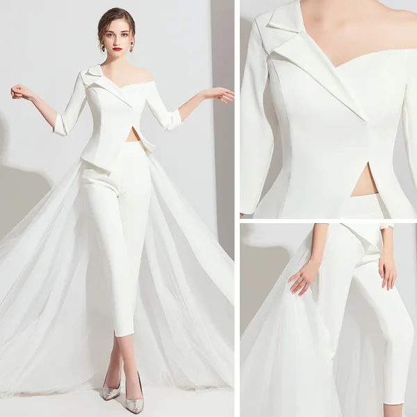 Modern / Fashion White Jumpsuit 2019 One-Shoulder 3/4 Sleeve Sweep Train Backless Evening Dresses