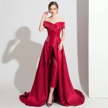 Schlicht Burgunderrot Satin Overall 2019 Off Shoulder Kurze Ärmel Sweep Pinsel Zug Rückenfreies Abendkleider