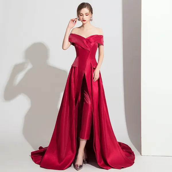 Modest / Simple Burgundy Satin Jumpsuit 2019 Off-The-Shoulder Short Sleeve Sweep Train Backless Evening Dresses