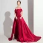Schlicht Burgunderrot Satin Overall 2019 Off Shoulder Kurze Ärmel Sweep / Pinsel Zug Rückenfreies Abendkleider