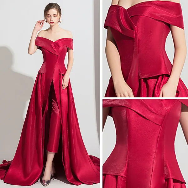 Schlicht Burgunderrot Satin Overall 2019 Off Shoulder Kurze Ärmel Sweep / Pinsel Zug Rückenfreies Abendkleider