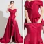 Schlicht Burgunderrot Satin Overall 2019 Off Shoulder Kurze Ärmel Sweep / Pinsel Zug Rückenfreies Abendkleider