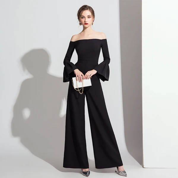 Chic / Belle Noire Combinaison 2019 De l'épaule Manches de cloche Longueur Cheville Dos Nu Robe De Soirée