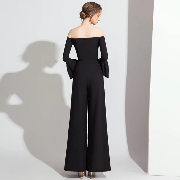 Chic / Belle Noire Combinaison 2019 De l'épaule Manches de cloche Longueur Cheville Dos Nu Robe De Soirée
