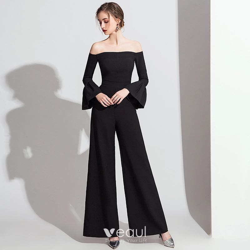 Chic / Beautiful Black Jumpsuit 2019 Off-The-Shoulder Bell sleeves Ankle  Length Backless Evening Dresses
