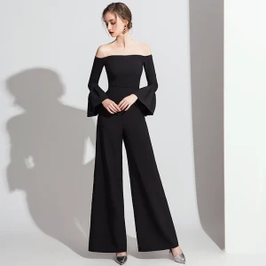 Fine Svart Jumpsuit 2019 Av Skulderen Bell Ermer Ankel Lengde Ryggløse Selskapskjoler