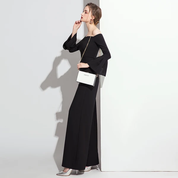 Chic / Belle Noire Combinaison 2019 De l'épaule Manches de cloche Longueur Cheville Dos Nu Robe De Soirée