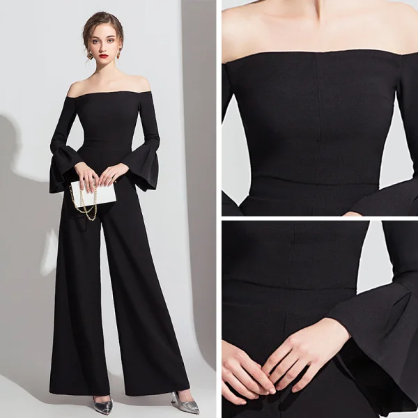 Chic / Belle Noire Combinaison 2019 De l'épaule Manches de cloche Longueur Cheville Dos Nu Robe De Soirée