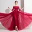 Modern / Fashion Burgundy Satin Jumpsuit 2019 Off-The-Shoulder 3/4 Sleeve Appliques Lace Beading Sweep Train Ruffle Backless Evening Dresses