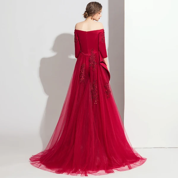 Modern / Fashion Burgundy Satin Jumpsuit 2019 Off-The-Shoulder 3/4 Sleeve Appliques Lace Beading Sweep Train Ruffle Backless Evening Dresses
