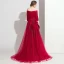 Modern / Fashion Burgundy Satin Jumpsuit 2019 Off-The-Shoulder 3/4 Sleeve Appliques Lace Beading Sweep Train Ruffle Backless Evening Dresses