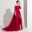 Modern / Fashion Burgundy Satin Jumpsuit 2019 Off-The-Shoulder 3/4 Sleeve Appliques Lace Beading Sweep Train Ruffle Backless Evening Dresses