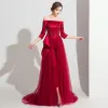 Modern / Fashion Burgundy Satin Jumpsuit 2019 Off-The-Shoulder 3/4 Sleeve Appliques Lace Beading Sweep Train Ruffle Backless Evening Dresses