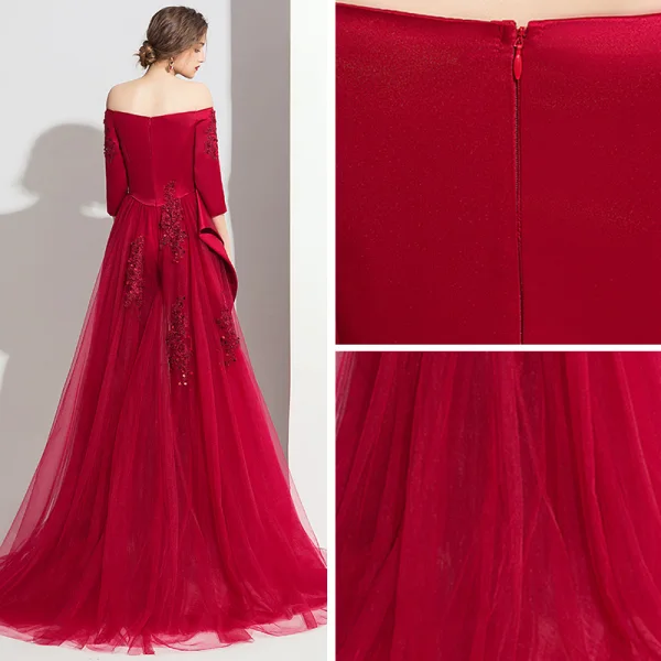 Modern / Fashion Burgundy Satin Jumpsuit 2019 Off-The-Shoulder 3/4 Sleeve Appliques Lace Beading Sweep Train Ruffle Backless Evening Dresses
