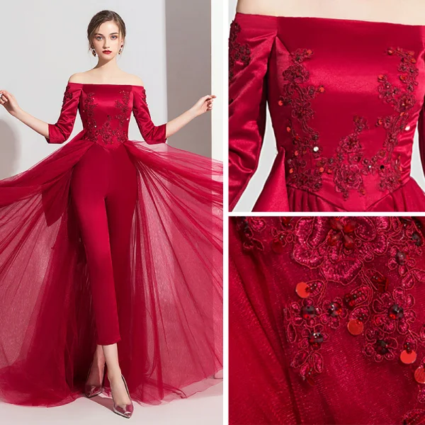 Modern / Fashion Burgundy Satin Jumpsuit 2019 Off-The-Shoulder 3/4 Sleeve Appliques Lace Beading Sweep Train Ruffle Backless Evening Dresses
