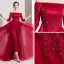 Modern / Fashion Burgundy Satin Jumpsuit 2019 Off-The-Shoulder 3/4 Sleeve Appliques Lace Beading Sweep Train Ruffle Backless Evening Dresses