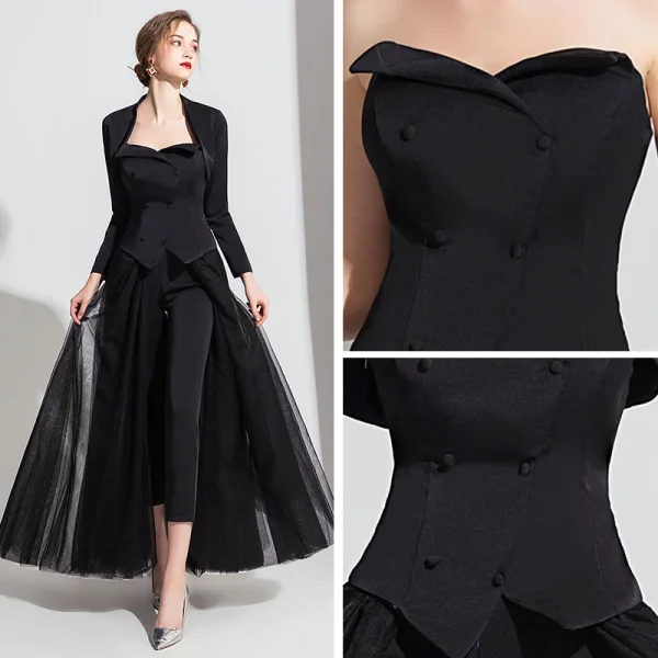 Klassisk Svart Jumpsuit Med Sjal 2019 Prinsesse Kjæreste Uten Ermer Ankel-lengde Ryggløse Selskapskjoler