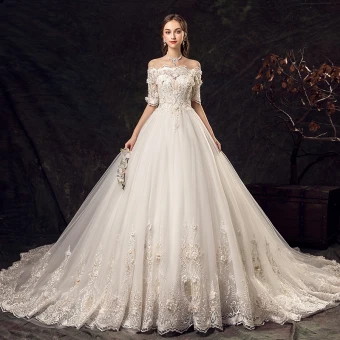 Chic Belle Ivoire Robe De Mariée 2019 Princesse De L 039 Épaule 1 2 Manches Dos Nu Appliques En Dentelle Fleur Perlage Perle Paillettes Tribunal Train Volants