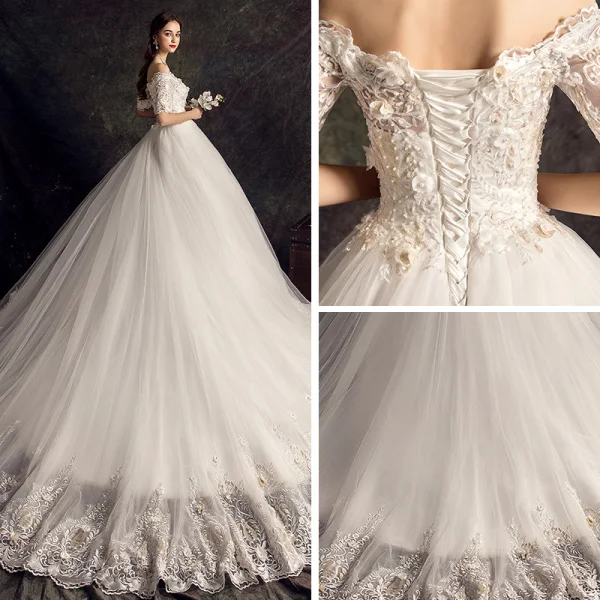 Chic / Beautiful Ivory Wedding Dresses 2019 A-Line / Princess Off-The-Shoulder 1/2 Sleeves Backless Appliques Lace Flower Beading Pearl Sequins Court Train Ruffle