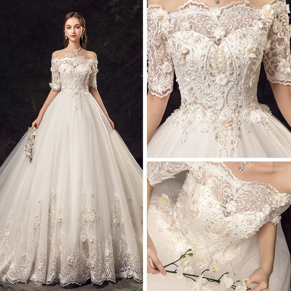 Chic / Beautiful Ivory Wedding Dresses 2019 A-Line / Princess Off-The-Shoulder 1/2 Sleeves Backless Appliques Lace Flower Beading Pearl Sequins Court Train Ruffle