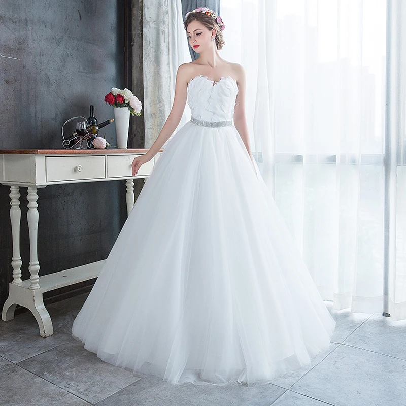 Affordable White Outdoor Garden Wedding Dresses 2019 A Line Princess  Sweetheart Sleeveless Feather Rhinestone Sash Floor Length Long Ruffle