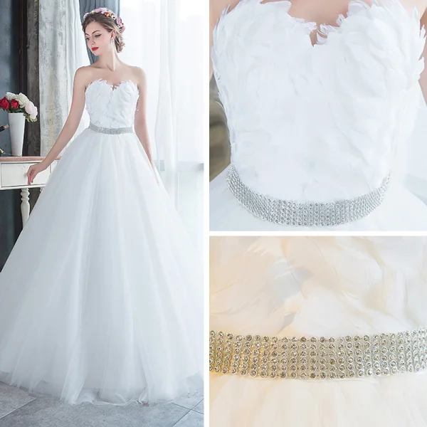 Affordable White Outdoor / Garden Wedding Dresses 2019 A-Line / Princess Sweetheart Sleeveless Feather Rhinestone Sash Floor-Length / Long Ruffle