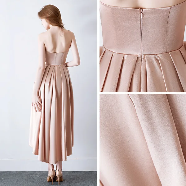 Sexy Nues Satin Robe De Soirée 2019 Princesse Amoureux Sans Manches Transparentes Faux Diamant Asymétrique Volants Dos Nu Robe De Ceremonie