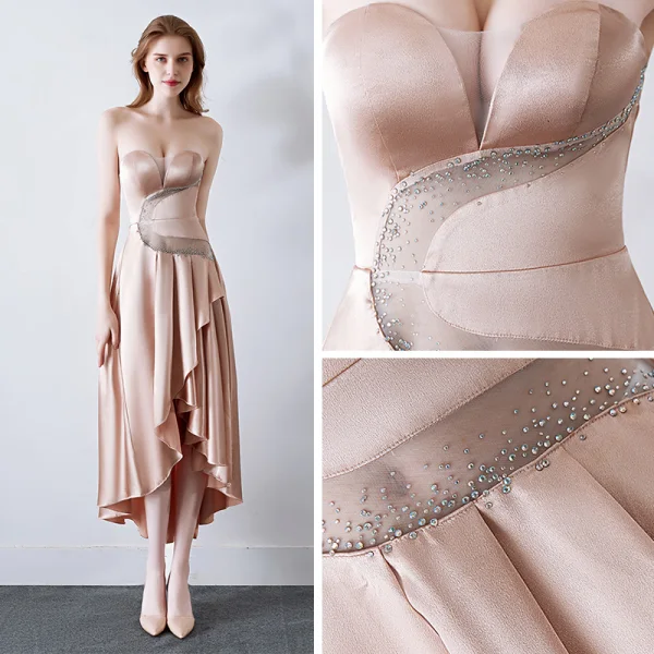Sexy Nues Satin Robe De Soirée 2019 Princesse Amoureux Sans Manches Transparentes Faux Diamant Asymétrique Volants Dos Nu Robe De Ceremonie