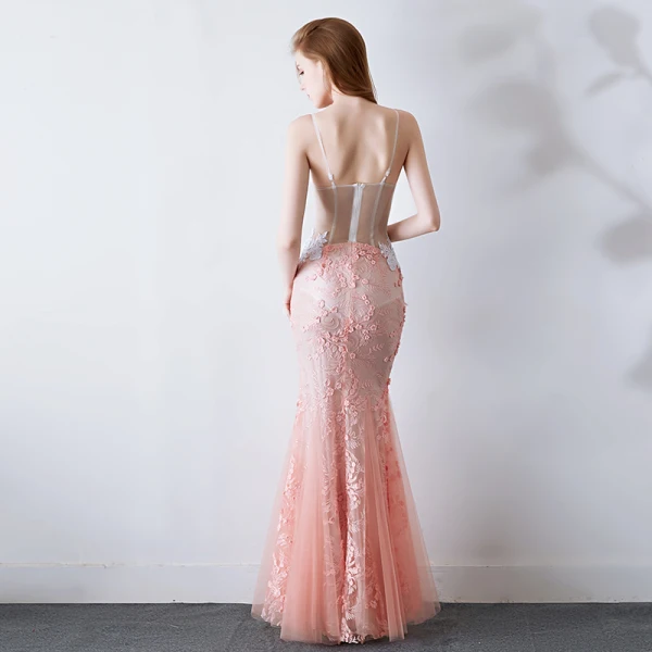 Sexy White Gradient-Color Pearl Pink Evening Dresses 2019 Trumpet / Mermaid Spaghetti Straps Sleeveless Pierced Appliques Lace Beading Pearl Floor-Length / Long Ruffle