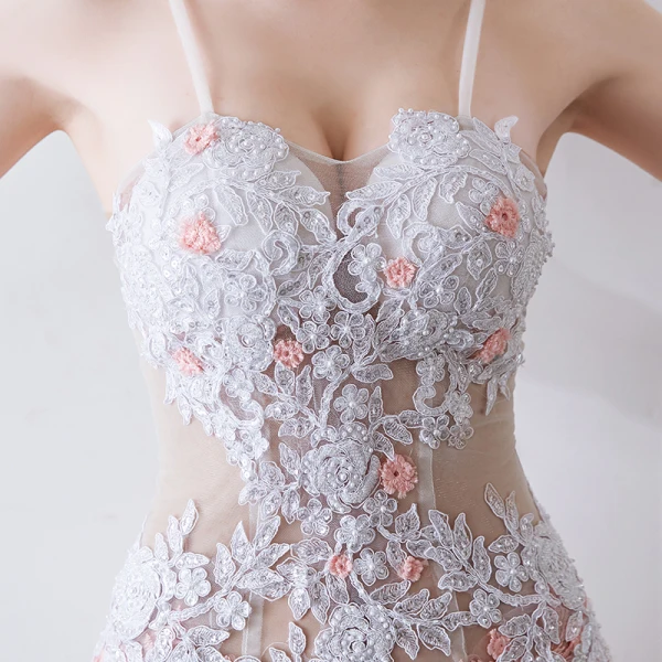 Sexy White Gradient-Color Pearl Pink Evening Dresses 2019 Trumpet / Mermaid Spaghetti Straps Sleeveless Pierced Appliques Lace Beading Pearl Floor-Length / Long Ruffle