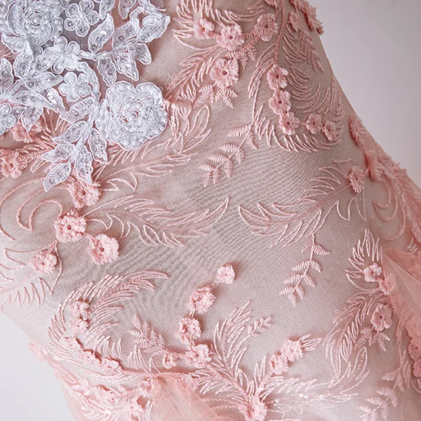 Sexy White Gradient-Color Pearl Pink Evening Dresses 2019 Trumpet / Mermaid Spaghetti Straps Sleeveless Pierced Appliques Lace Beading Pearl Floor-Length / Long Ruffle