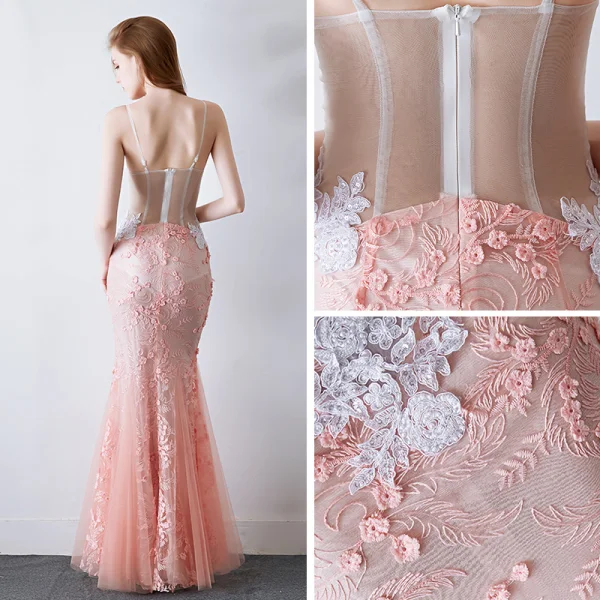 Sexy White Gradient-Color Pearl Pink Evening Dresses 2019 Trumpet / Mermaid Spaghetti Straps Sleeveless Pierced Appliques Lace Beading Pearl Floor-Length / Long Ruffle