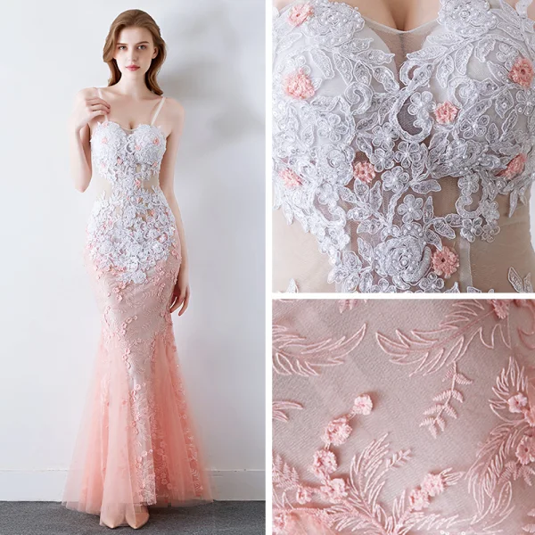 Sexy White Gradient-Color Pearl Pink Evening Dresses 2019 Trumpet / Mermaid Spaghetti Straps Sleeveless Pierced Appliques Lace Beading Pearl Floor-Length / Long Ruffle